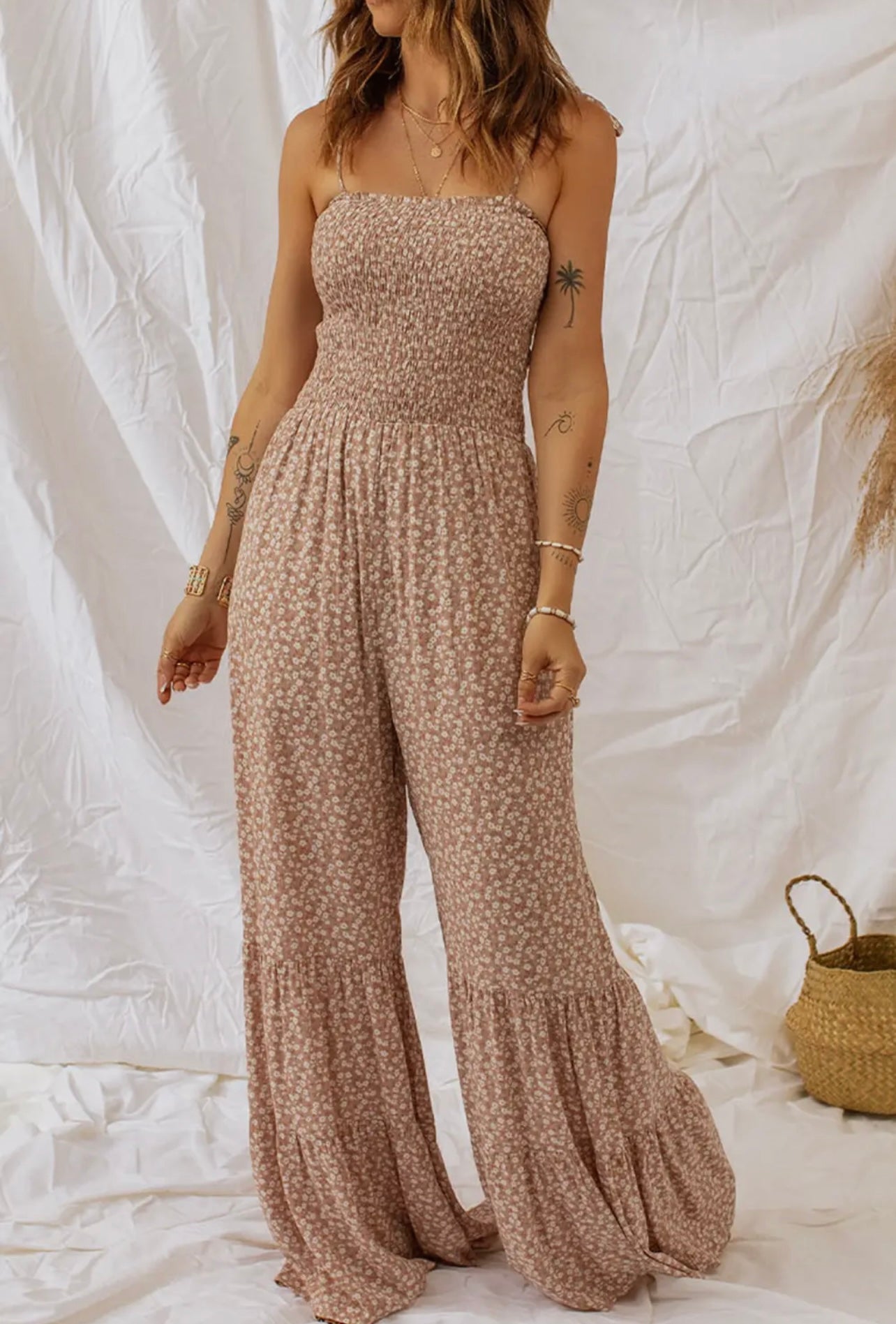 Smocked floral jumpsuit