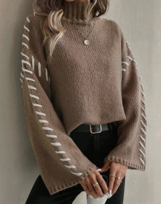 Casual Comfy High Neck Contrast Line Knit Sweater