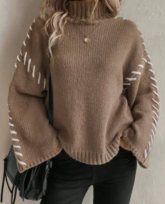 Casual Comfy High Neck Contrast Line Knit Sweater