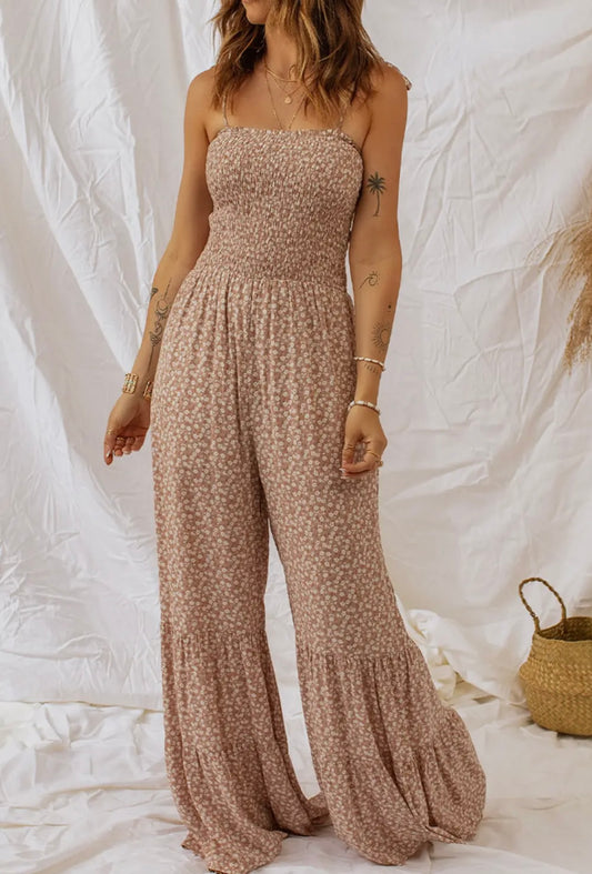 Smocked floral jumpsuit