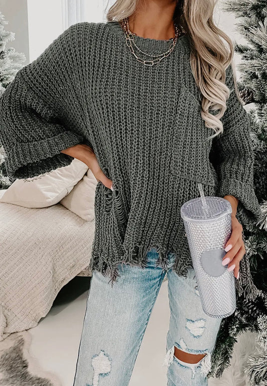 Alina Ripped Raw Hem Chunky Sweater